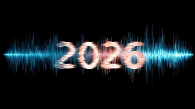 Vibrant 2026 text with glowing orange and blue sound waves on black background. Dynamic New Year graphic for music events or celebrations. Energetic typography design with radiant effects - Powered by Adobe