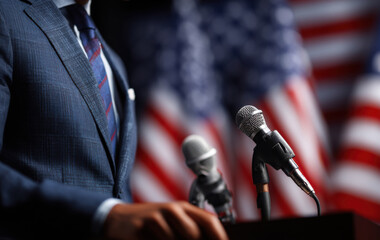 Professional speaker in a tailored suit stands at a podium with microphones, set against a backdrop of vibrant flags, conveying a sense of authority and engagement in public speaking