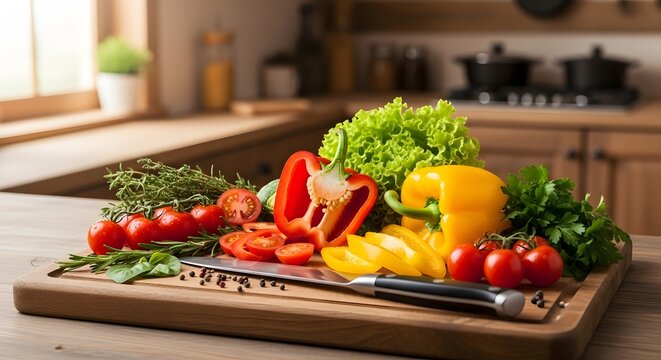 Fresh vegetables and herbs on a wooden cutting board in a bright kitchen environment setting scene