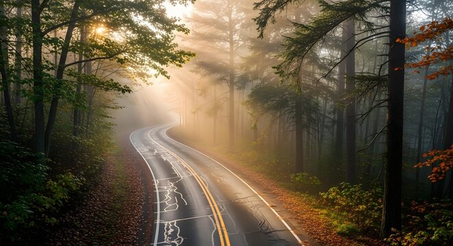 Winding road through a misty forest with sunlight breaking through the trees on a foggy morning
