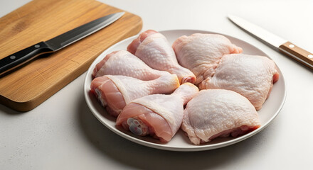 Raw chicken pieces on a plate with knives and cutting board on a white surface ready for cooking