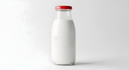 Glass bottle of fresh milk with red cap isolated on white background, healthy drink concept