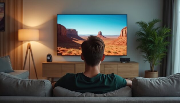 Young man relaxes on comfortable grey sofa, watching large smart TV with desert scene in modern, cozy living room. Ambient lamp light fills entire space. Enjoys alone time, home entertainment, smart