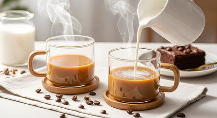Pouring milk into cup of coffee with brownie on plate and coffee bean, breakfast concept