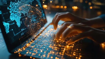 Hands typing on a laptop with glowing digital effects showcasing a map against a distant city background at night - Powered by Adobe