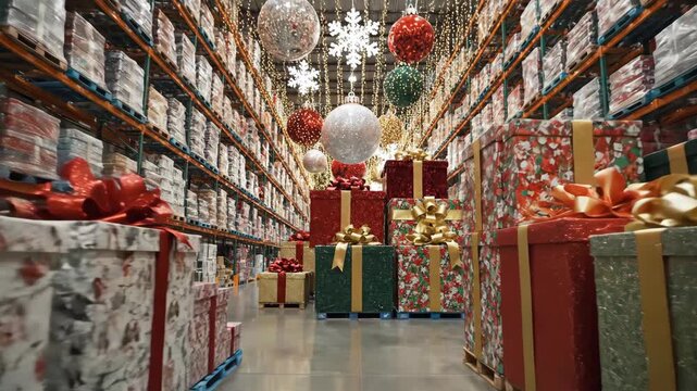 Warehouse Holiday Decorations - This eye-level shot shows a warehouse decorated for Christmas. Pallets of wrapped presents fill the warehouse floor, and large Christmas ornaments hang from the