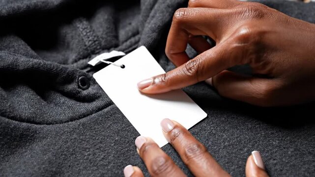 Close-up of a woman's hand touching a blank white clothing label on a dark grey hoodie, perfect for mockup or branding