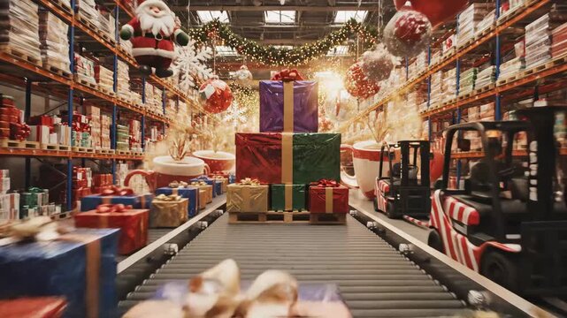 Christmas Gift Conveyor in Warehouse - This video shows a warehouse decorated for Christmas with rows of shelves filled with products.