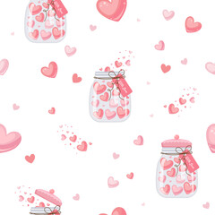 Cute seamless Valentine’s Day pattern with pink hearts in glass jars and soft floating elements. Perfect for romantic cards, gift wrap, backgrounds, and festive creative designs.