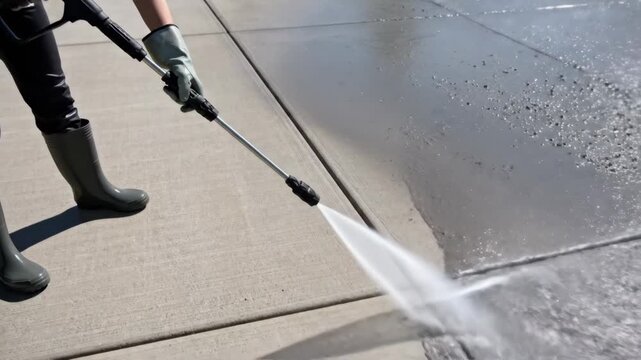 Pressure Washing Concrete Driveway - A person wearing protective gear uses a high-pressure washer to clean a concrete driveway.