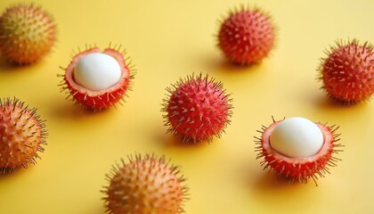 Whole, halved lychee fruits with spiky red skin, white pulp are arranged on plain yellow surface. This vibrant studio shot presents exotic tropical fruit for healthy eating concepts, design purposes.