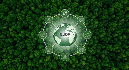 Eudr concept with icons representing sustainability and global environmental protection initiatives on a forest background