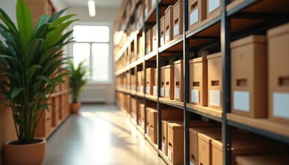 Organized archive with files in labeled cardboard boxes on shelves. Office storage room for business documents, records. Data management warehouse interior lit by sunlight from window. Green plants
