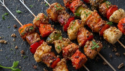 Skewered Delight. An Abstract Composition of Grilled Cubes and Subtle Textures.