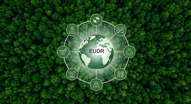 Eudr concept with icons representing sustainability and global environmental protection initiatives on a forest background