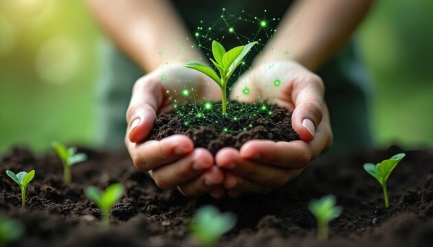 Hands hold soil with new plant seedling growing with digital network overlay. Future tech for eco friendly agriculture and green business growth.