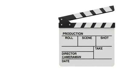 Obraz premium Professional open film clapperboard with black stick and detailed labels on glossy black surface, charcoal studio background, copy space, top-down, sharp focus, studio lighting. Concept of film