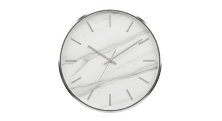 Modern round wall clock with marble pattern isolated on transparent background, time concept