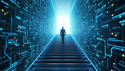 Man walks up stairs into bright light surrounded by blue digital circuit board patterns. Futuristic cyberspace tunnel implies advancement, progress in tech world. He is entering information highway.