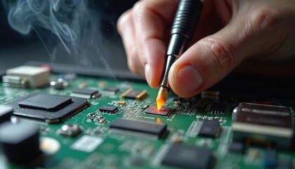 Hand soldering chip on laptop circuit board. Person repairing computer hardware with soldering iron. Electronic component assembly with smoke. Technician working on motherboard with microchip.
