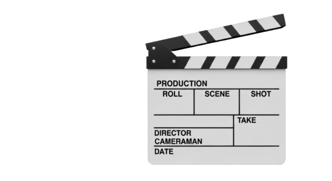 Professional open film clapperboard with black stick and detailed labels on glossy black surface, charcoal studio background, copy space, top-down, sharp focus, studio lighting. Concept of film