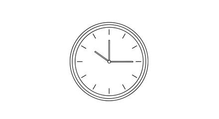 Minimalist outline of a round wall clock isolated on transparent background, showing the time
