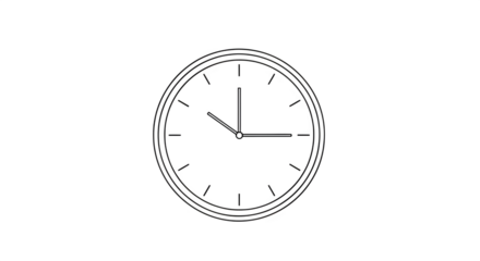 Minimalist outline of a round wall clock isolated on transparent background, showing the time