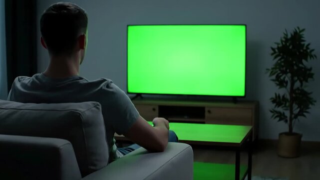 Green Screen man watching television in living room evening young guy sitting on sofa against tv with chroma back view male person switching channels using remote controller scene 3 distortion