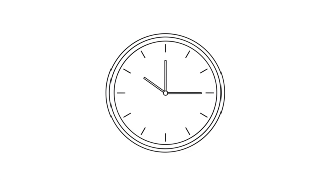 Minimalist outline of a round wall clock isolated on transparent background, showing the time