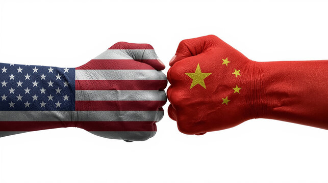 USA and China Flag-Painted Fists Facing Off Symbolizing Political and Economic Conflict