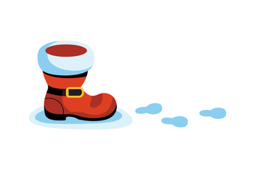 Festive Santa boot leaving snowy footprints on a winter day