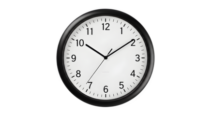 Black and white wall clock showing the time at ten past one isolated on transparent background