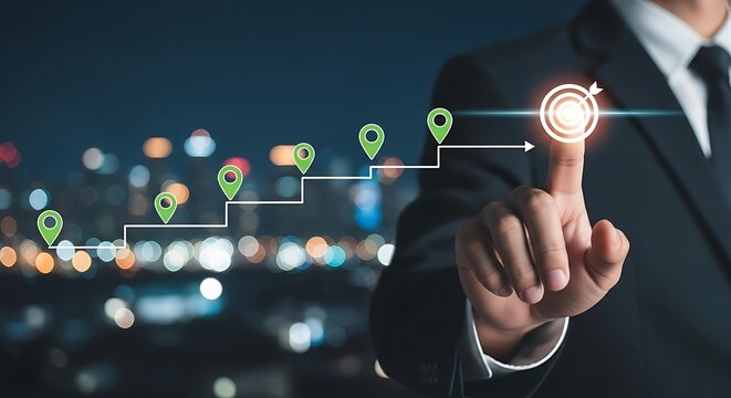 Businessmans finger touching a glowing target on a digital graph representing business growth and success