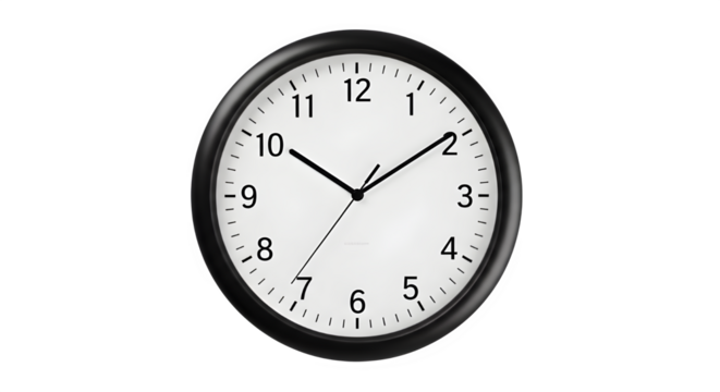 Black and white wall clock showing the time at ten past one isolated on transparent background