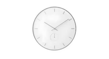 Minimalist white wall clock isolated on transparent background featuring a clean and modern design
