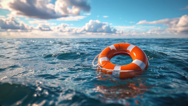 Lifebuoy floating on vast ocean providing assistance