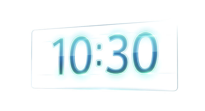 Digital clock isolated on transparent background shows the time ten thirty in the morning