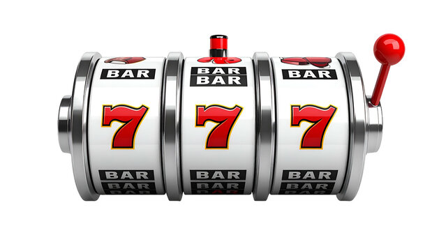 Shiny slot machine with three reels showing matching 7s and BAR symbols