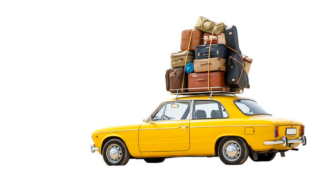 Classic yellow car with luggage on the roof isolated on transparent background