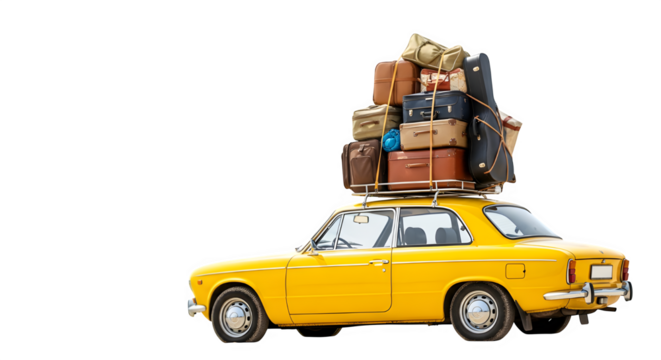 Classic yellow car with luggage on the roof isolated on transparent background