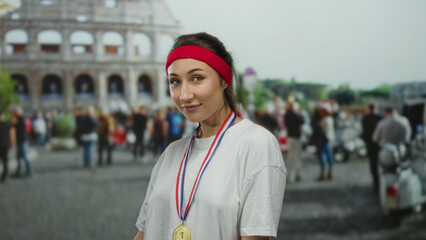 Woman smiling in front of the iconic roman colosseum wearing a gold medal and red headband, surrounded by a lively outdoor scene, expressing a sense of achievement and joy.
