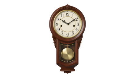 Antique wooden pendulum clock isolated on transparent background showing the correct time