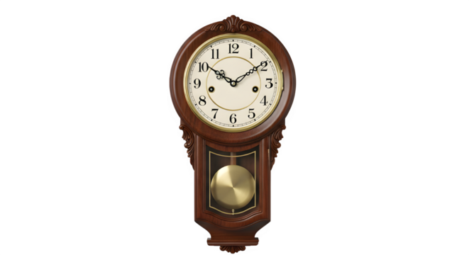 Antique wooden pendulum clock isolated on transparent background showing the correct time