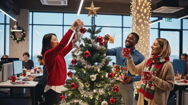 Celebrating Christmas in the Office - Three coworkers decorate a Christmas tree in their modern office space, laughing and enjoying the holiday spirit.