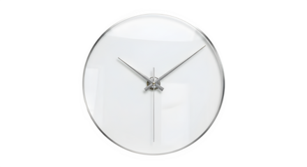 Simple round wall clock with silver frame and hands isolated on transparent background