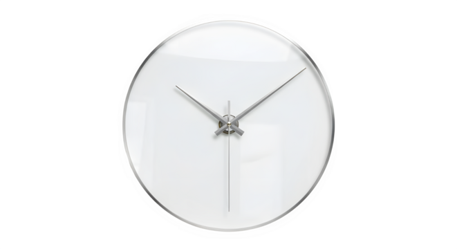Simple round wall clock with silver frame and hands isolated on transparent background
