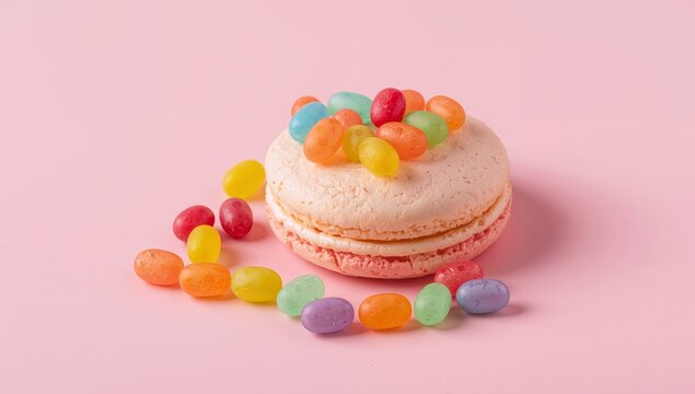 Sweet Treat Composition on Pink Backdrop, A Colorful Macaron and Jelly Bean Arrangement.