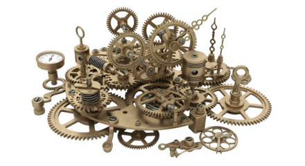 Complex arrangement of vintage clockwork gears, cogs, and springs isolated on transparent background
