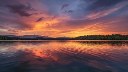 Tranquil Waters at Sunset, Reflecting an Abstract Canvas of Fire and Twilight.