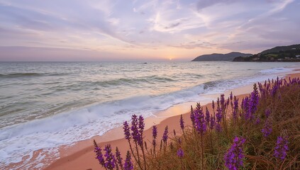 Tranquil Twilight. A Coastal Scene with Purple Flowers, Gentle Waves and Cloudscape.